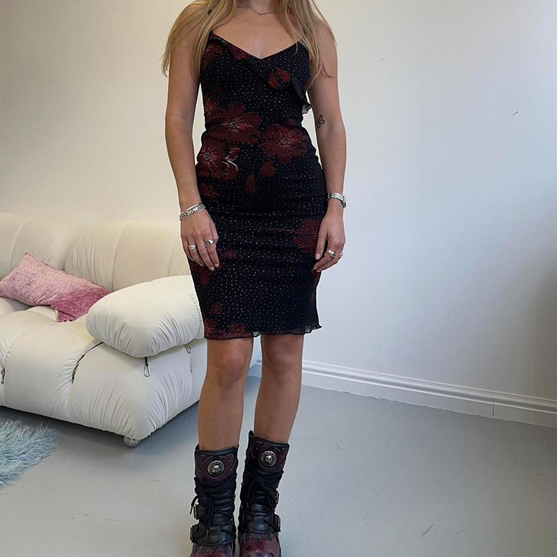 Damen figurbetontes Sommerkleid mit Rüschendetails und floralem Design Drune