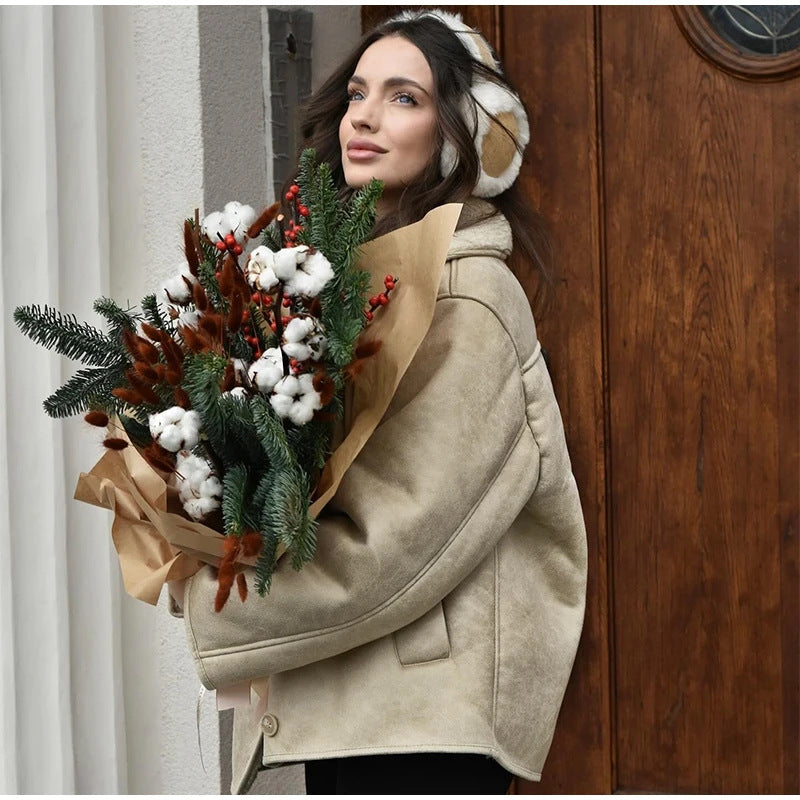 Damen Kunstlederjacke mit Teddyfutter Drune