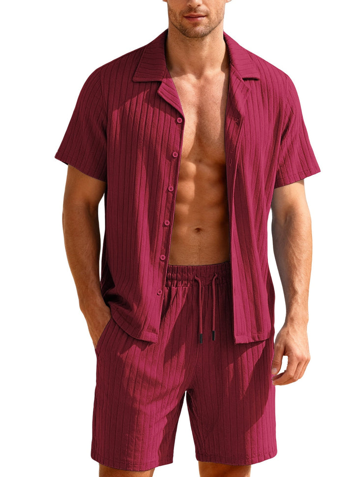 Herren nan geripptes Feinstrick-Lounge-Set mit kurzärmligem Revershemd und Kordelshorts Drune