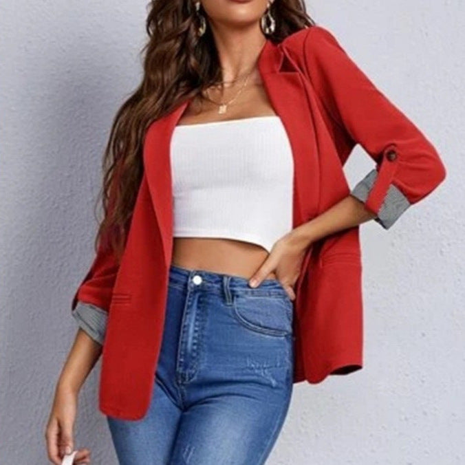 Damen stilvolle und vielseitige Blazerjacke mit umgeschlagenen Ärmeln Drune
