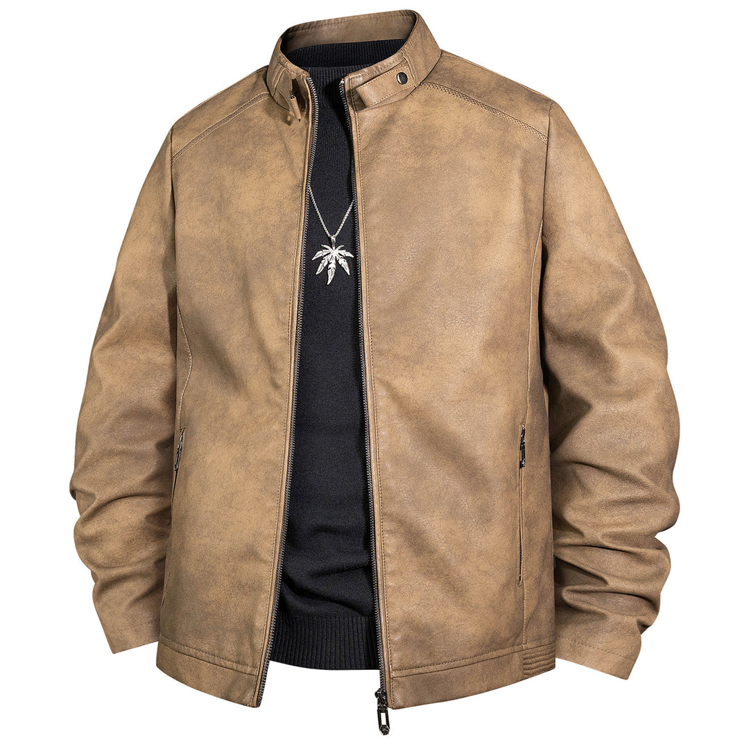 Herren Vintage-Lederoptik-Bomberjacke mit Stehkragen und Reißverschluss Drune