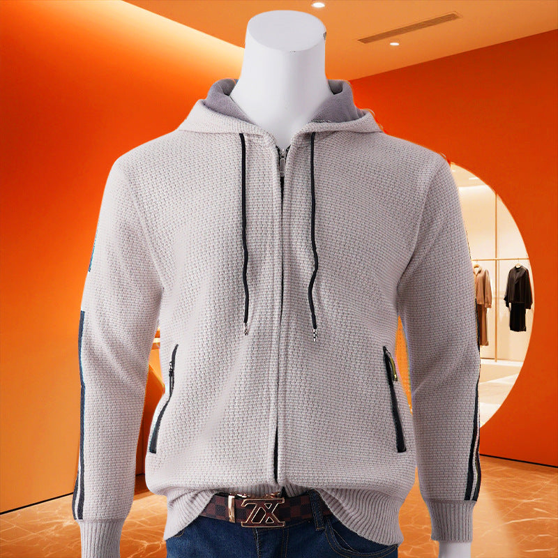 Herren Kapuzen-Sweatjacke mit Reißverschluss, texturierter Strick, Seitentaschen und Kontraststreifen Drune