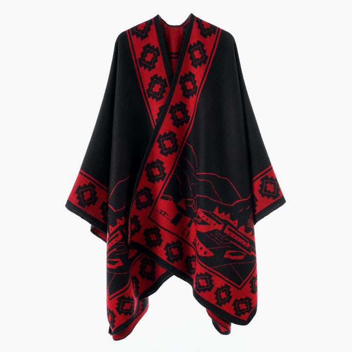 Damen Jacquard‑Strickponcho mit offenem Fall und Bordüren‑Detail Drune