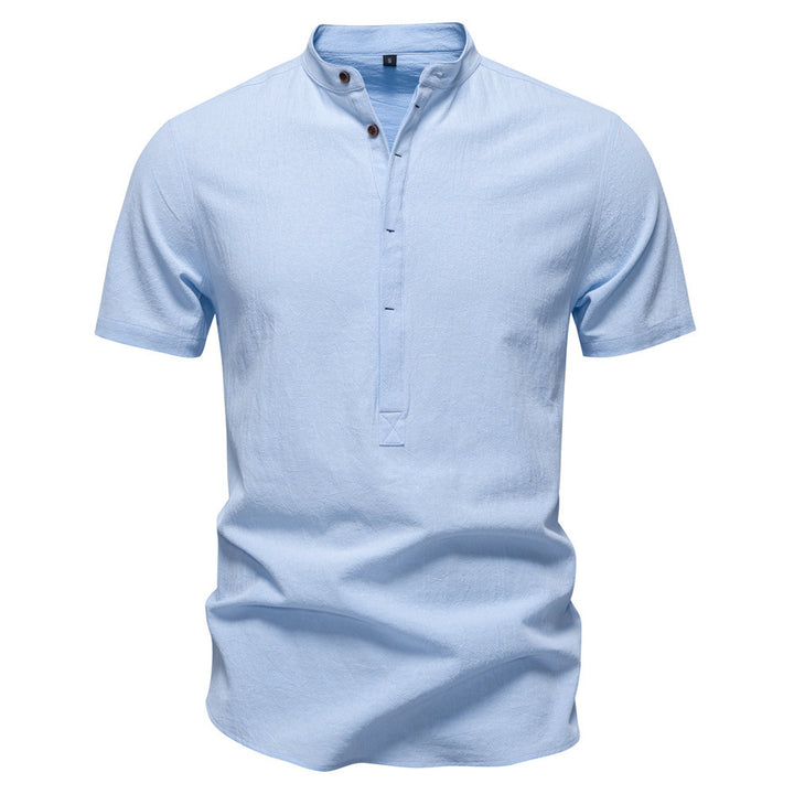 Herren nan lässiges Kurzarmshirt mit Stehkragen, halber Knopfleiste und leicht strukturierter Baumwoll-Leinen-Qualität Drune