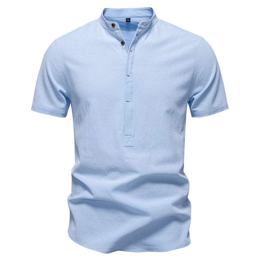 Herren nan lässiges Kurzarmshirt mit Stehkragen, halber Knopfleiste und leicht strukturierter Baumwoll-Leinen-Qualität Drune