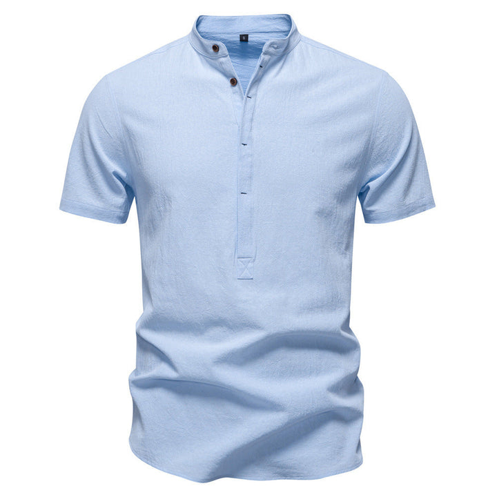 Herren nan lässiges Kurzarmshirt mit Stehkragen, halber Knopfleiste und leicht strukturierter Baumwoll-Leinen-Qualität Drune