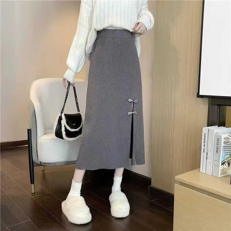 Damen Eleganter Strickrock mit Schlitz und Schleifendetails Drune