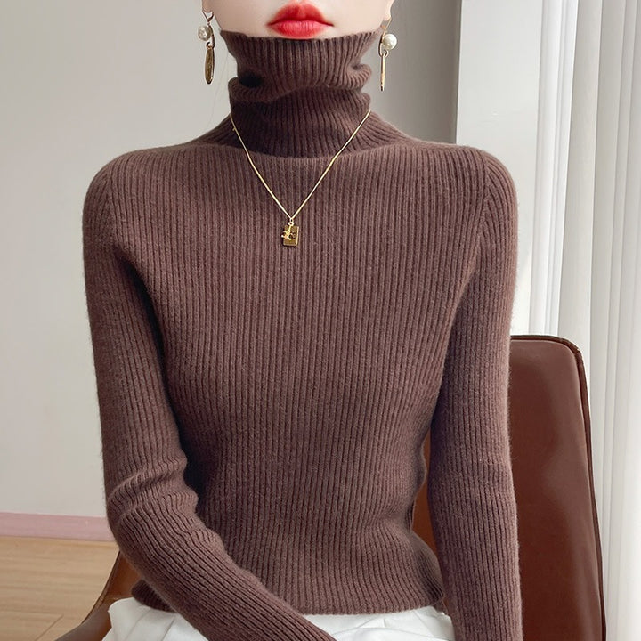 Damen Schlanker Rippenstrick-Rollkragenpullover mit gerafftem Hals und kaschmirähnlicher Haptik Drune