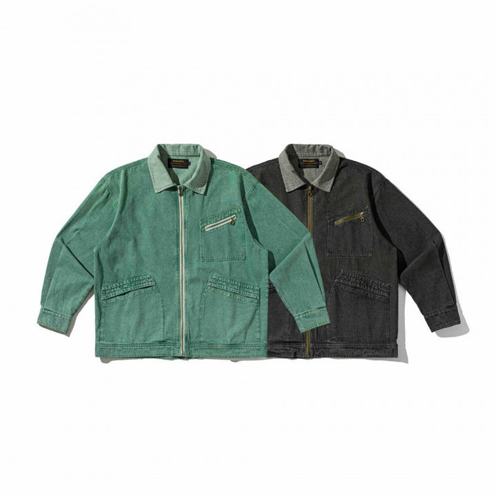Unisex Kastenförmige Overshirt‑Jacke aus gewaschenem Denim mit Frontreißverschluss und Mehrfachtaschen Drune