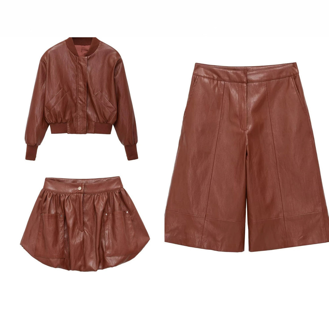 Damen Oversized Lederimitat-Bomberjacke mit Rippbündchen und aufgesetzten Taschen Drune
