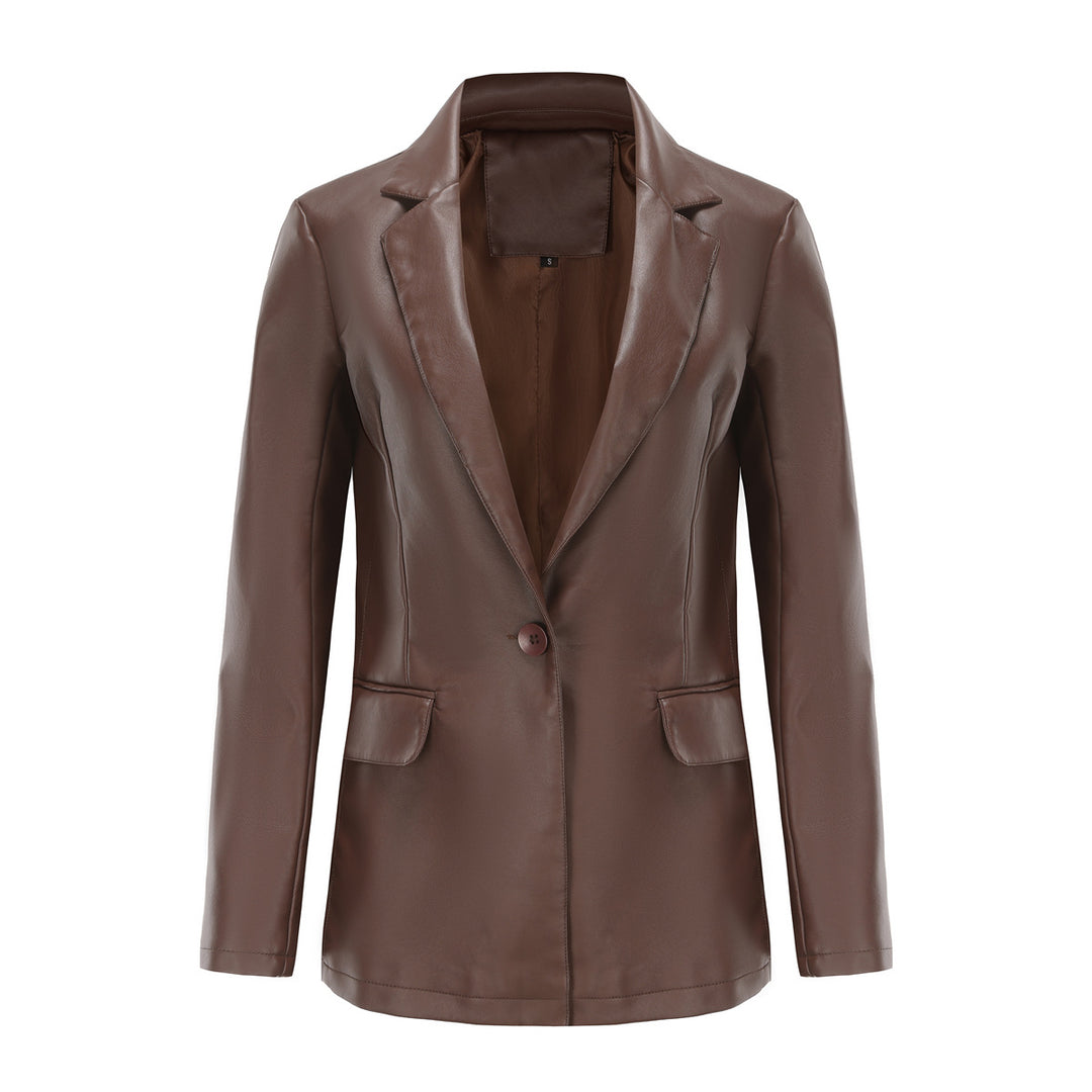 Damen nan taillierter Blazer aus Kunstleder mit Reverskragen und Pattentaschen Drune