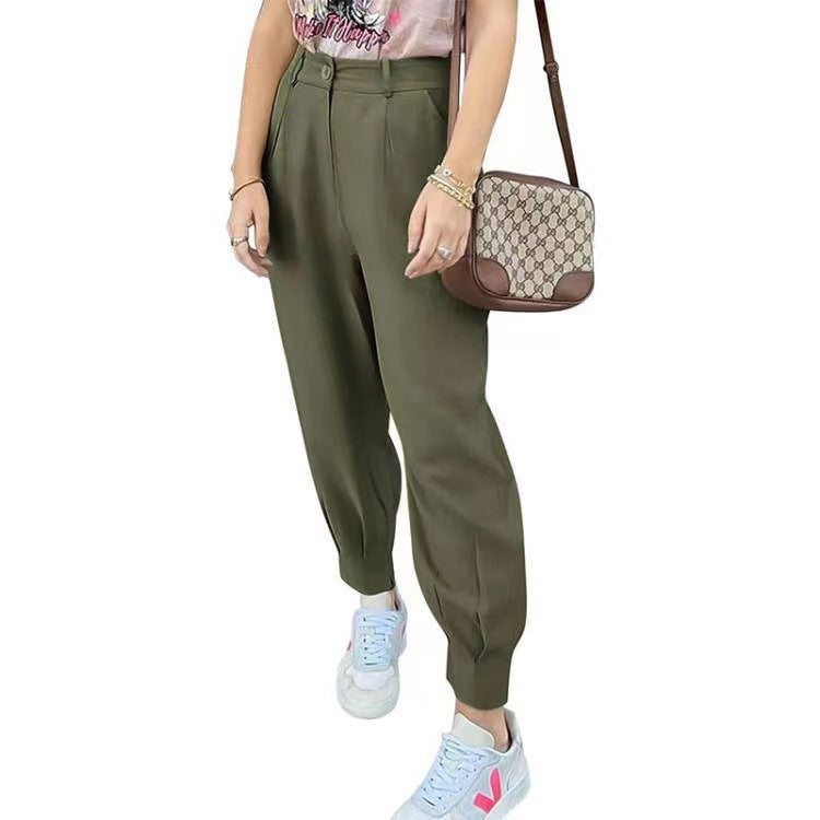 Damen elegante und modische High-Waist Hose mit Falten und seitlichen Taschen Drune
