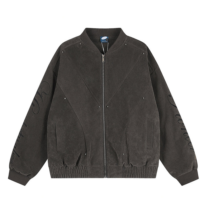 Damen Oversize-Bomberjacke im Velours-Look mit Script-Ärmeln und Metallnieten Drune