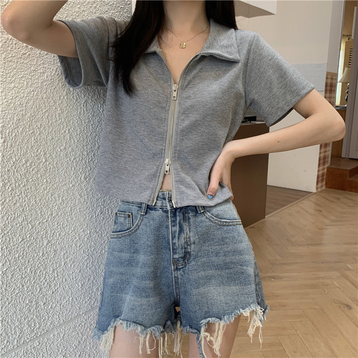 Damen Cropped Poloshirt mit Reißverschluss und strukturierter Textur Drune