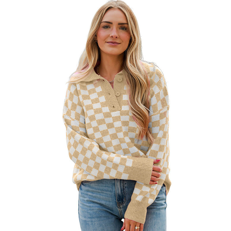 Damen gemütlicher Sweatpullover mit Karomuster und Knopfdetail Drune