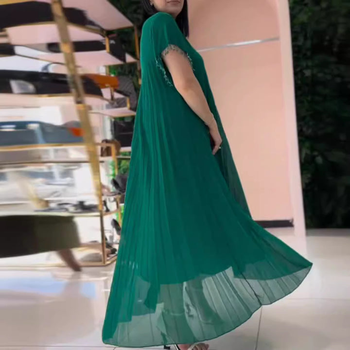 Damen nan elegantes Chiffon-Faltenmaxikleid mit weitem Schwingrock und Quastenärmeln Drune