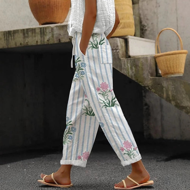 Damen Weite Leinenhose mit handgewebtem Muster Drune