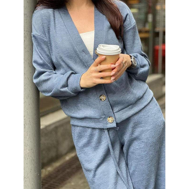 Damen Strick-Loungewear-Set mit V-Ausschnitt-Cardigan und weitem Kordelbund-Hose Drune