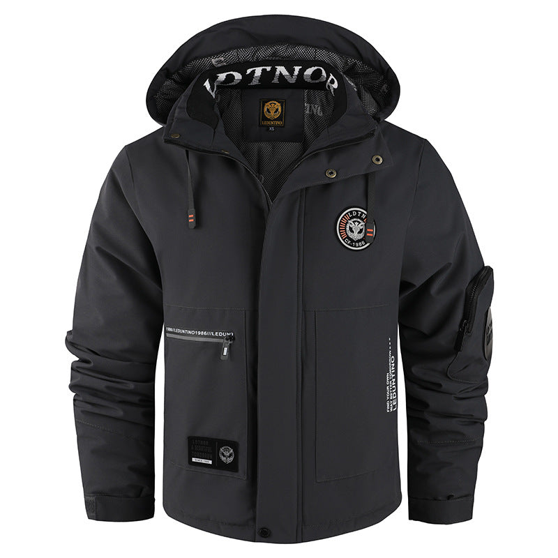 Herren nan winddichte gefütterte Fieldjacke mit Kapuze und multifunktionalen Reißverschlusstaschen Drune