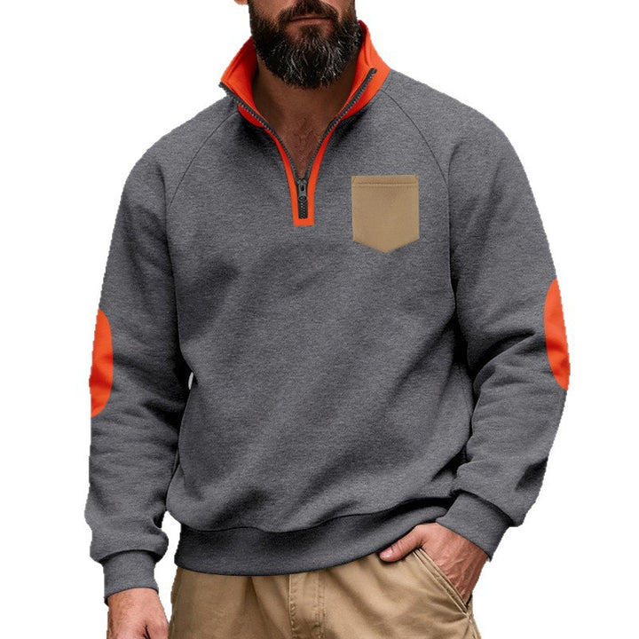 Herren nan Quarterzip-Sweatshirt mit Stehkragen, kontrastiertem Reißverschluss, Ellbogenpatches und Brusttasche Drune