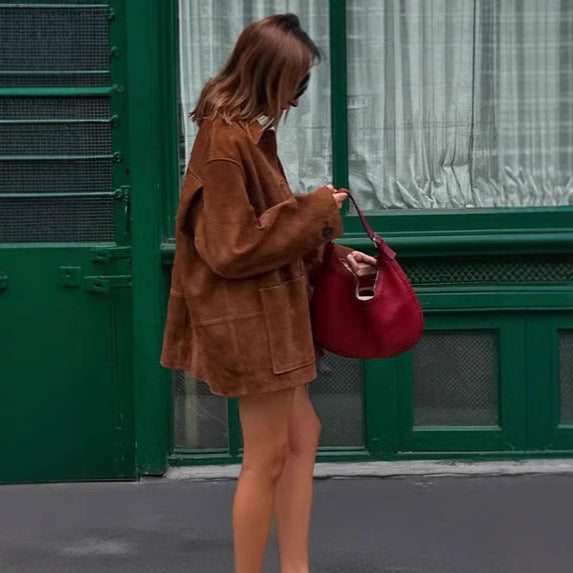 Damen klassische Wildlederjacke im entspannten Schnitt mit knöpfbarem Verschluss Drune