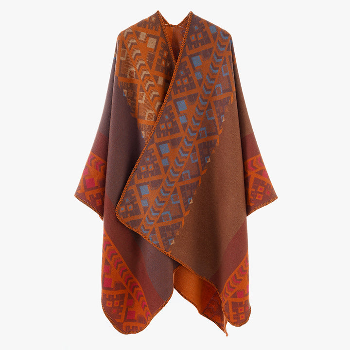 Damen Capeponcho im gewebten Ethno‑Jacquard aus Wollmix mit gezackter Saumkante Drune