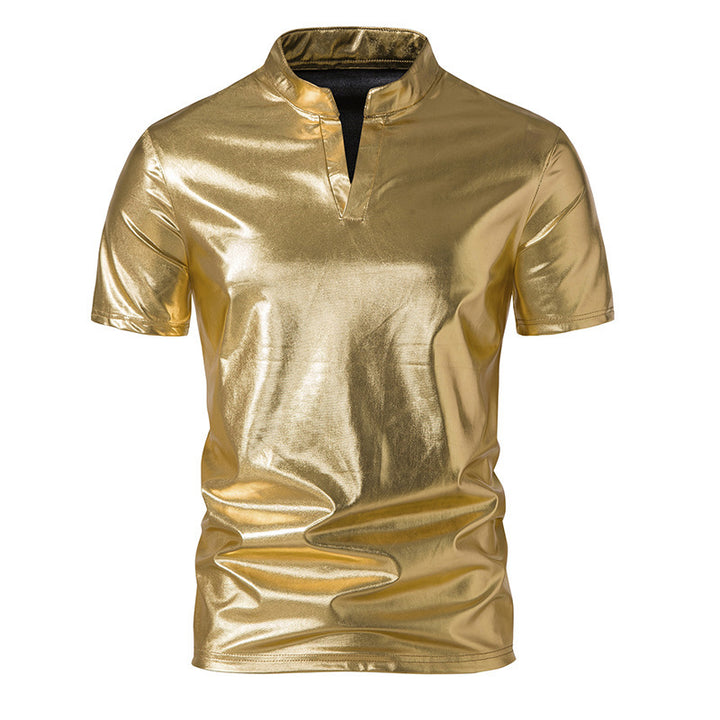 Herren modisches Metallic-T-Shirt mit hohem Kragen und kreativem Schnitt Drune