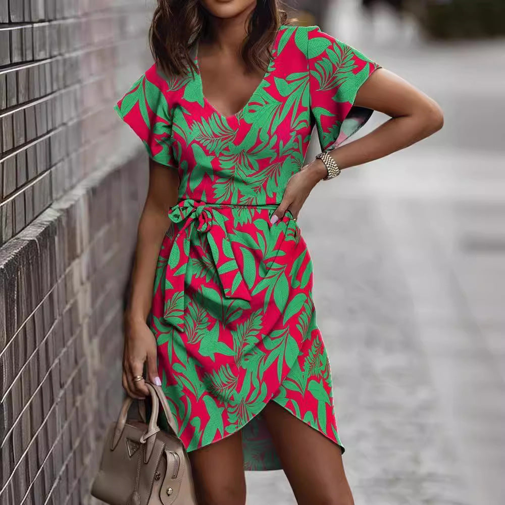 Damen Wickelkleid mit floralem Print und eleganter Schleife Drune