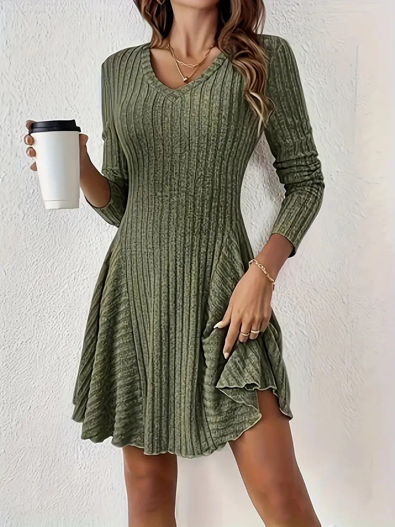 Damen Geripptes V-Ausschnitt-Minikleid mit ausgestelltem Rock und Eingrifftaschen Drune