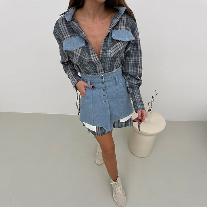 Damen modisches Hemdblusenkleid mit Denim-Elementen Drune