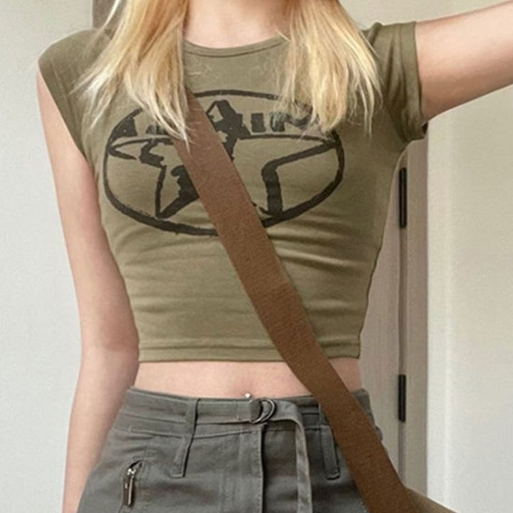 Damen Crop-Top mit kreativem Grafikprint und figurbetontem Schnitt Drune