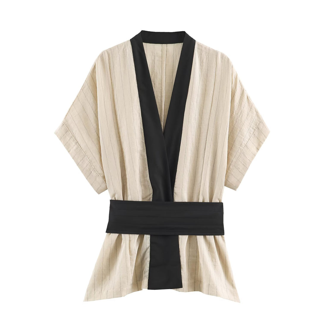 Damen Kimono-Wrap-Bluse mit Kontrastbesatz und Taillengürtel Drune