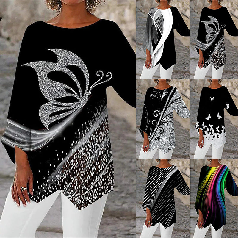 Damen asymmetrisches A-Linien-Tunika mit ornamentalem Druck und spitzem Saum Drune