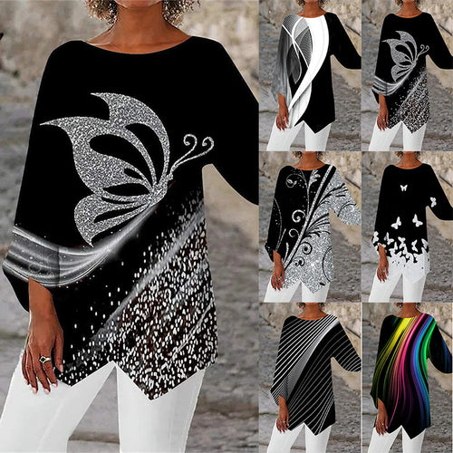 Damen asymmetrisches A-Linien-Tunika mit ornamentalem Druck und spitzem Saum Drune