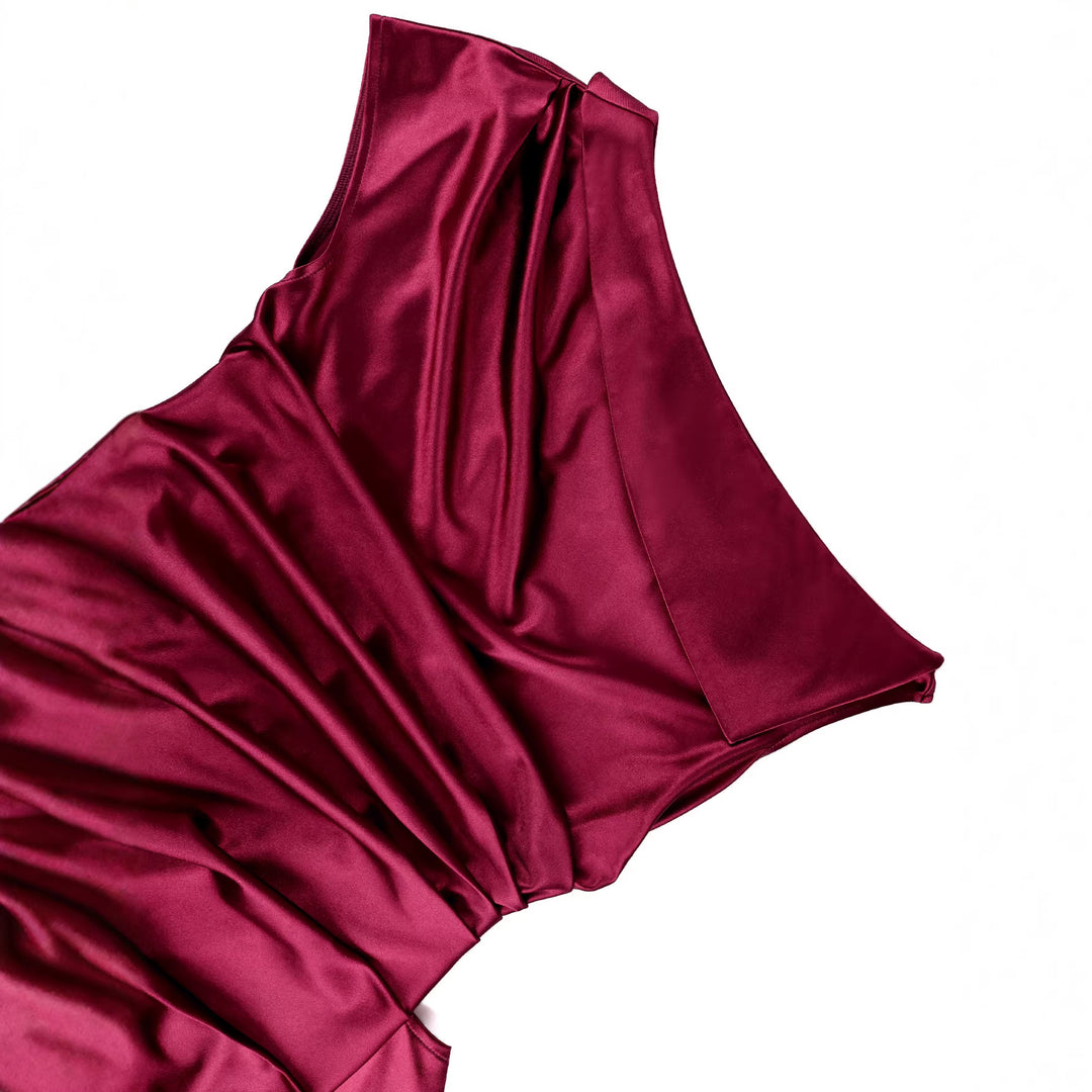 Damen elegantes Satin Abendkleid mit asymmetrischen Rüschendetails Drune