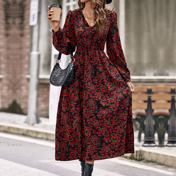 Damen Langes florales Maxikleid mit V-Ausschnitt, gerafftem Smokbund und fließendem A‑Linien‑Rock Drune