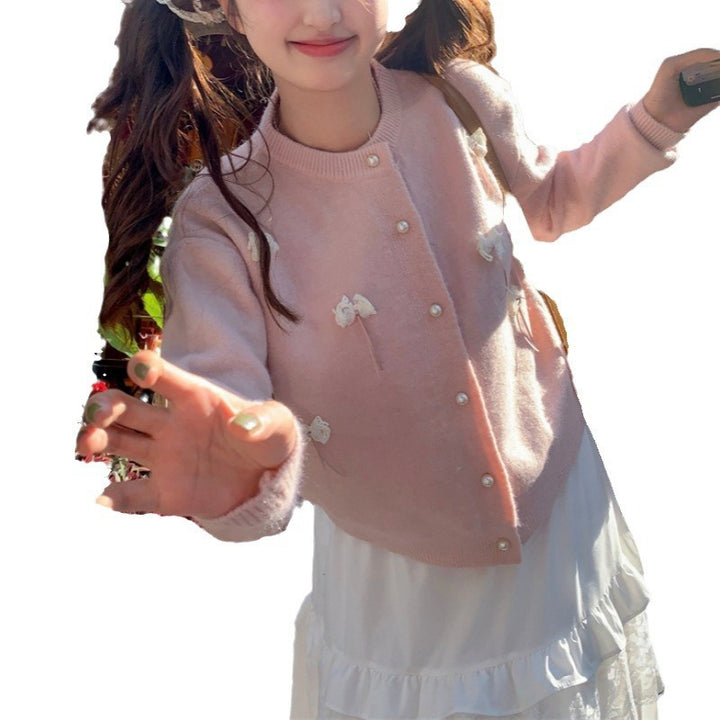 Damen Kawaii Strickjacke mit dekorativen Schleifen und Perlen Drune