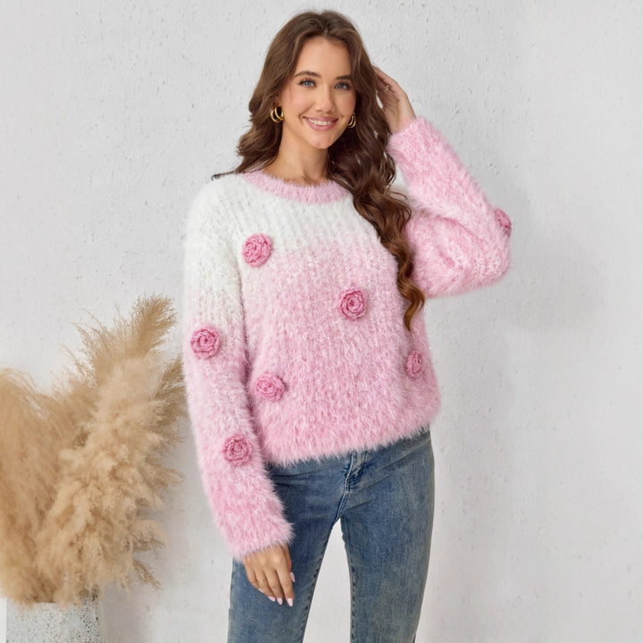 Damen Flausch-Pullover mit 3D-Blütenapplikationen Drune