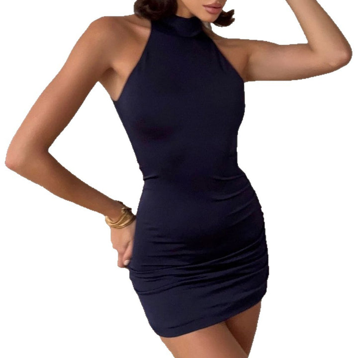 Damen enganliegendes Minikleid mit mock-neck Design und Raffung Drune