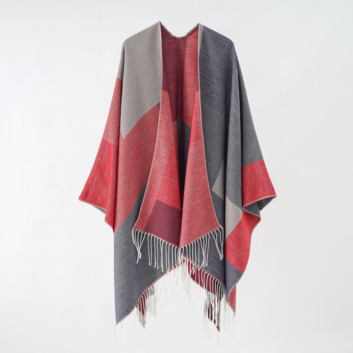 Damen Großer Wolloptik-Poncho mit geometrischem Blockmuster und Fransensaum Drune