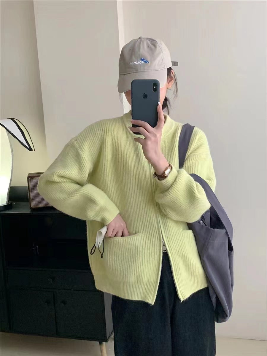 Damen lässige Strickjacke mit Reißverschluss und großen Taschen Drune
