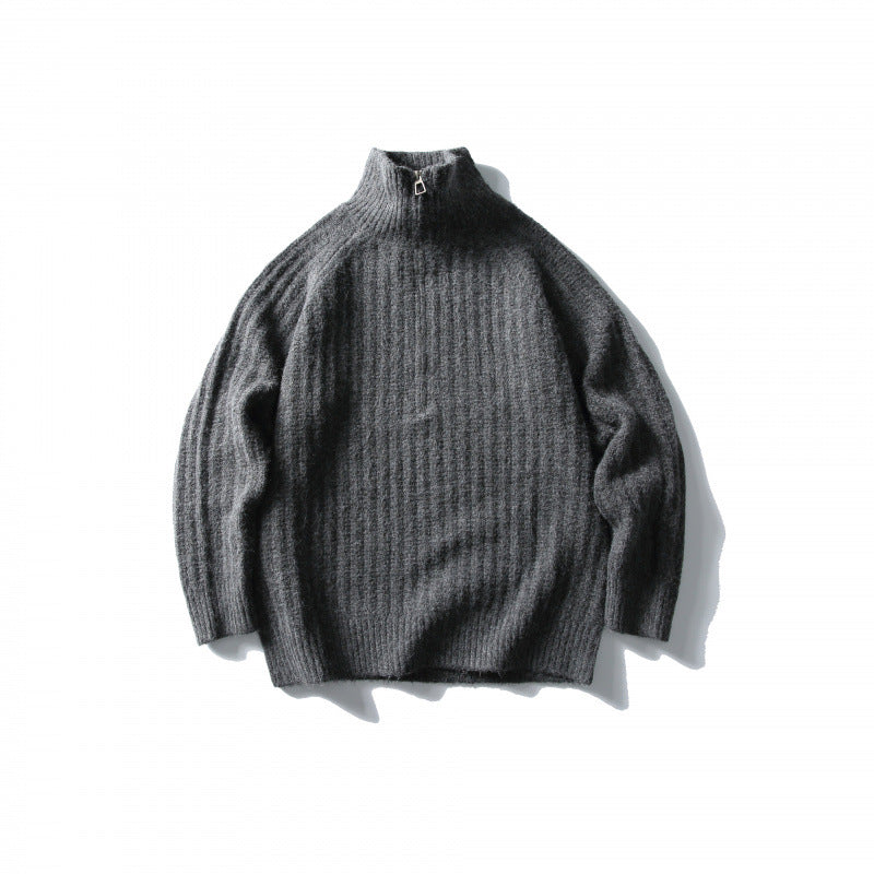 Unisex Oversize-Rippstrick-Halbzip-Pullover mit Stehkragen Drune