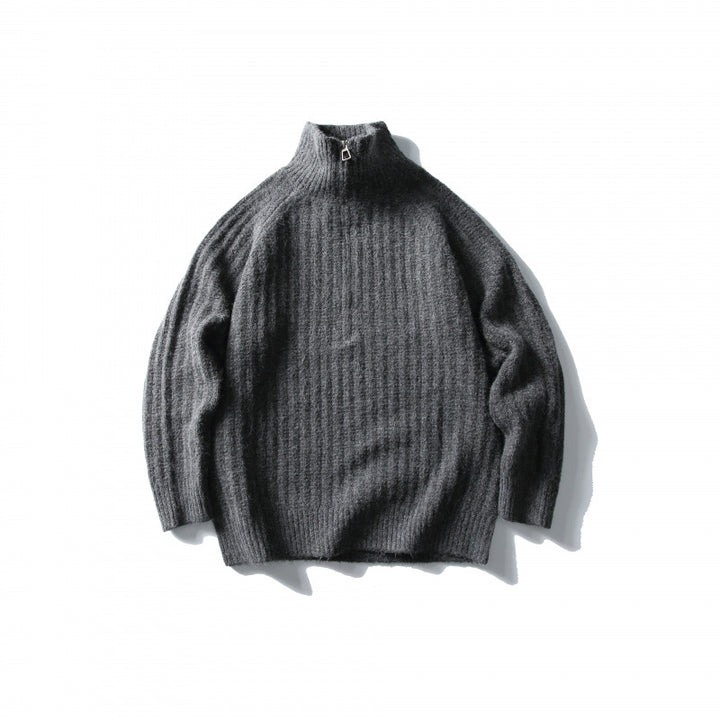 Unisex Oversize-Rippstrick-Halbzip-Pullover mit Stehkragen Drune