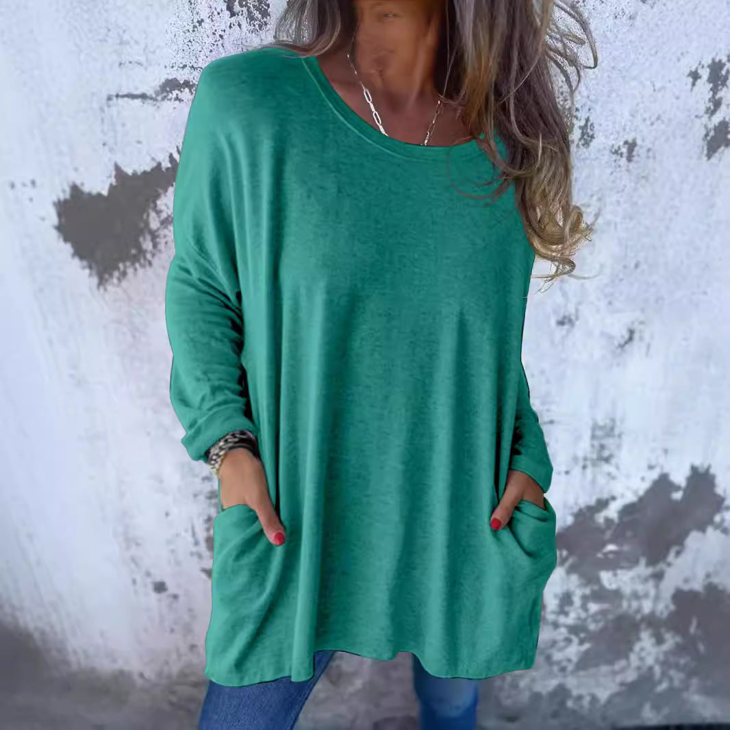 Damen Weiches Oversize Langarmshirt mit Rundhalsausschnitt, Lässigen Ärmeln und Seitentaschen Drune
