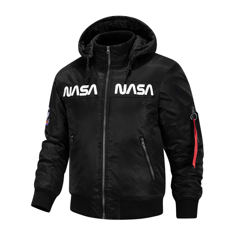 Herren  Kapuzen glänzende Mikroschalen Astronaut-inspirierte Bomberjacke mit gesteppter thermischer Fütterung und Ärmeltasche Drune