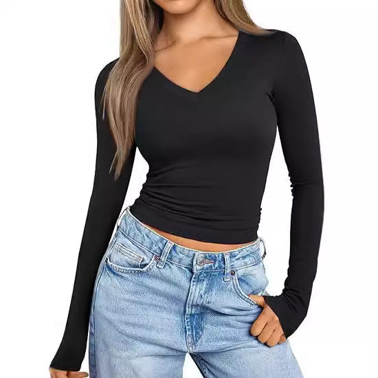 Damen Figurnahes Langarm-Cropped-Shirt mit V-Ausschnitt und elastischem Taillenbund Drune
