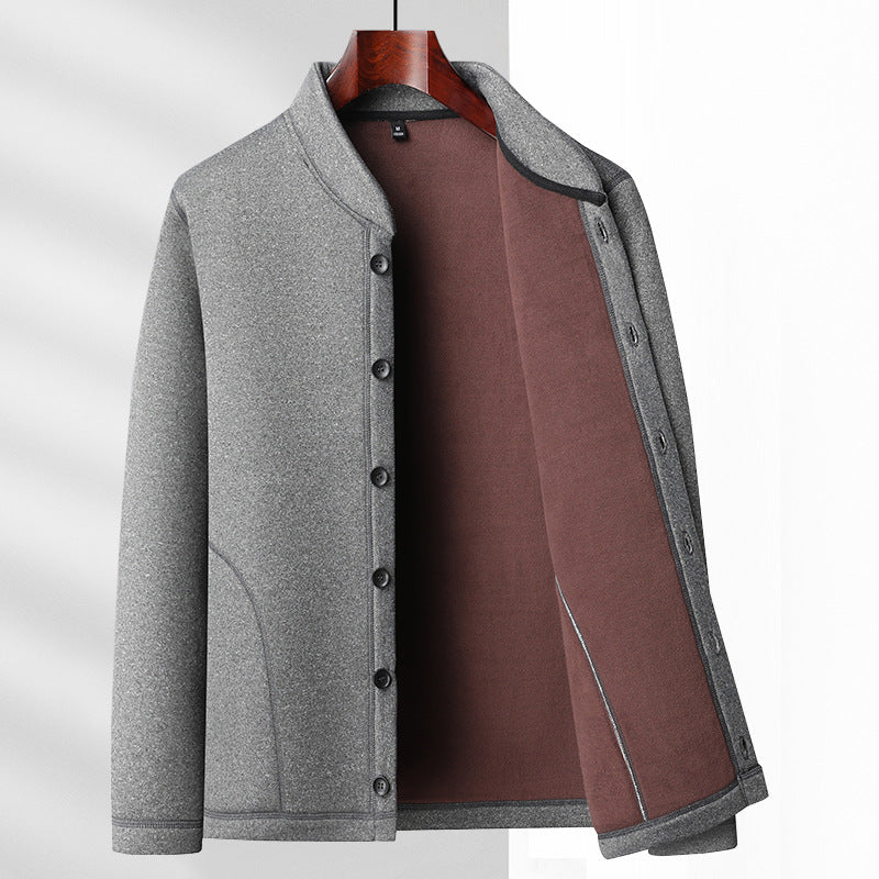 Herren Casual-Stehkragenjacke mit weicher Fleece-Innenseite und verdeckten Nahttaschen Drune
