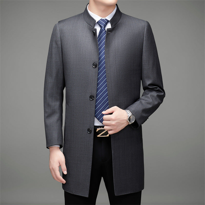 Herren eleganter Mantel mit modernem Stehkragen und feinem Gewebemuster Drune
