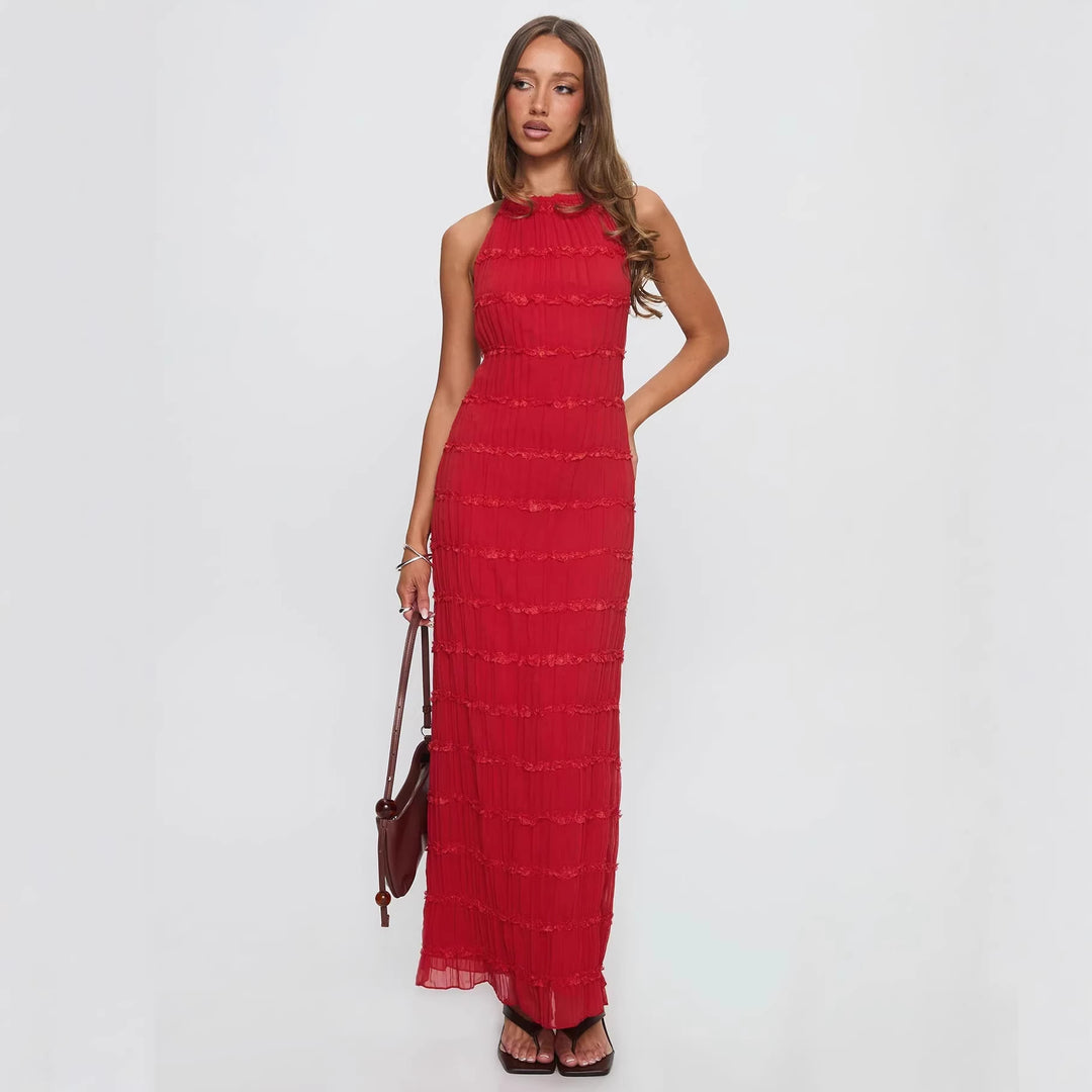 Damen Maxikleid mit schulterfreiem Design und fließenden Rüschen Drune