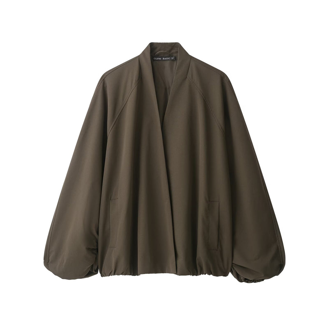 Damen Oversize Cropped Bomberjacke mit offenem V-Ausschnitt und elastischem Saum Drune